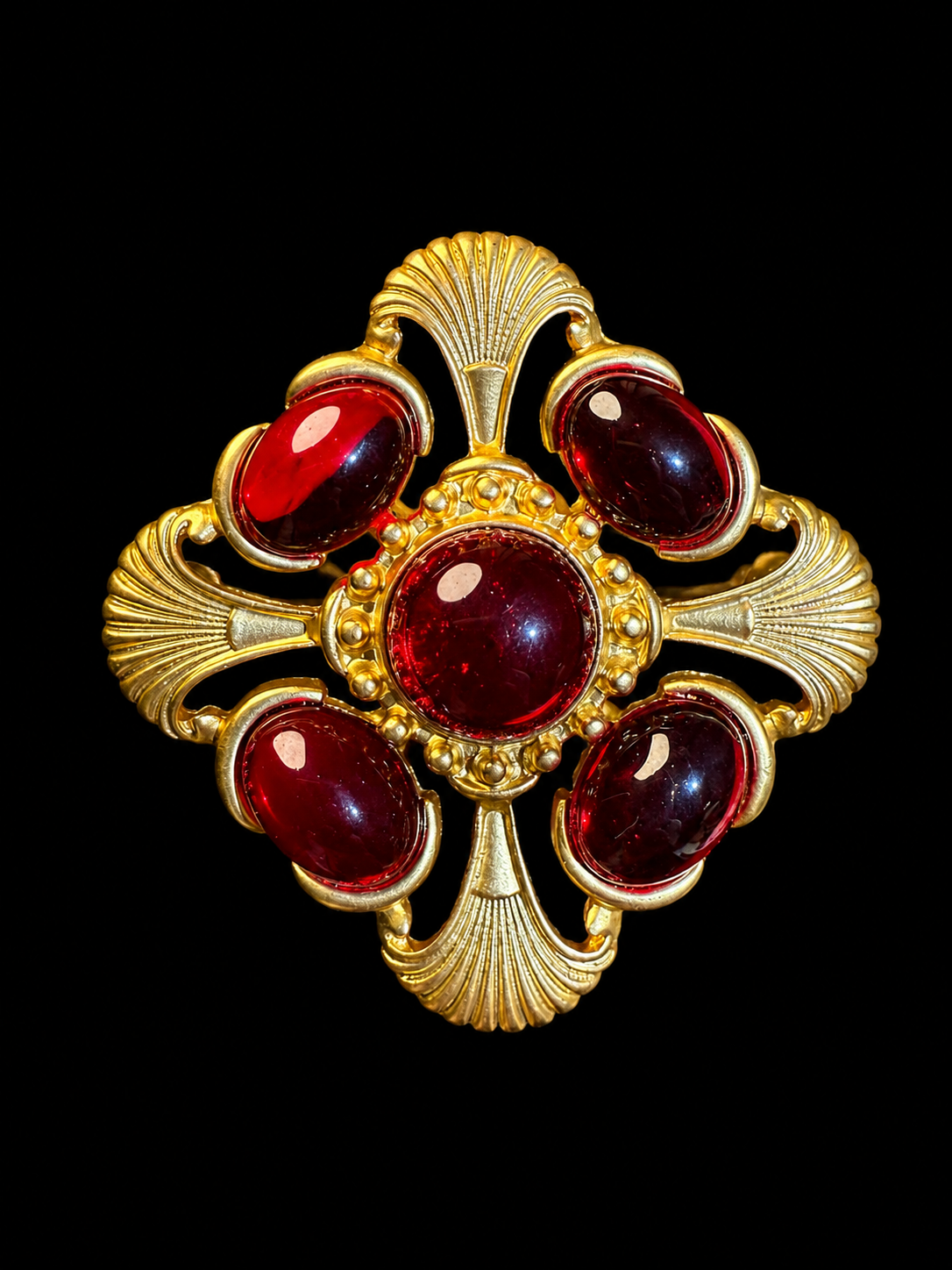 Gold-tone red glass cabochon-style brooch pendant front view