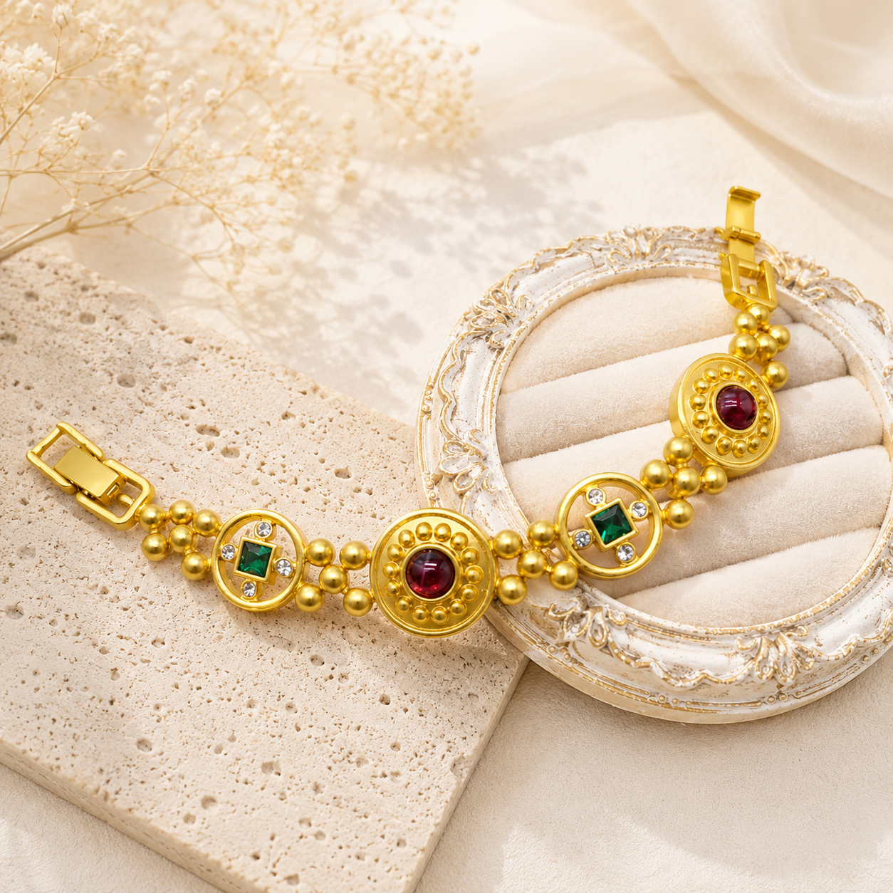 Gold-tone red and green crystal-style adjustable bracelet