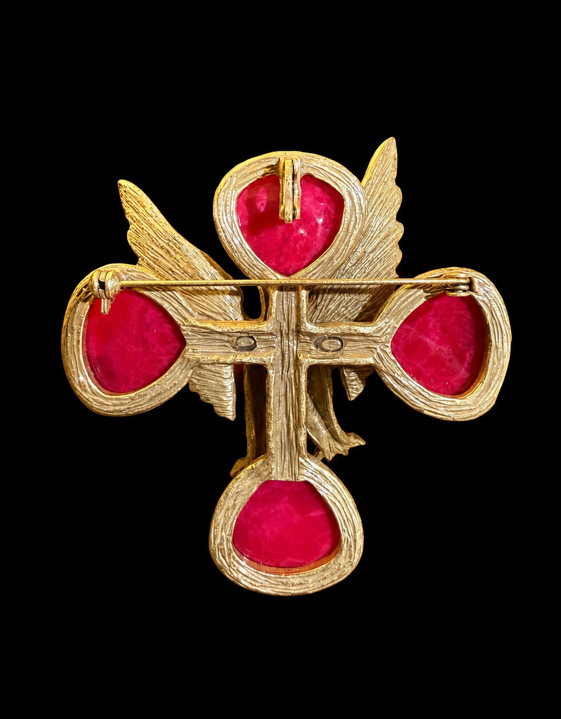 Gold-tone red stone-style eagle convertible brooch pendant back pin and loop detail