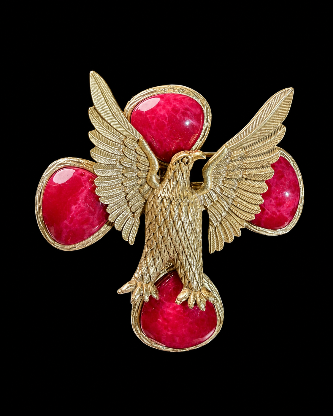 Gold-tone red stone-style eagle convertible brooch pendant front view