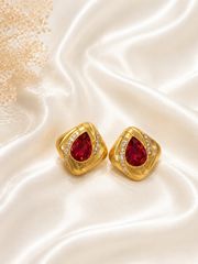 Gold-tone rose-pink teardrop crystal-style square stud earrings front view