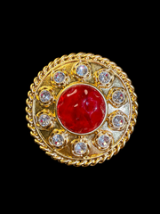 Gold-tone round red cabochon-style crystal-style brooch pendant front view