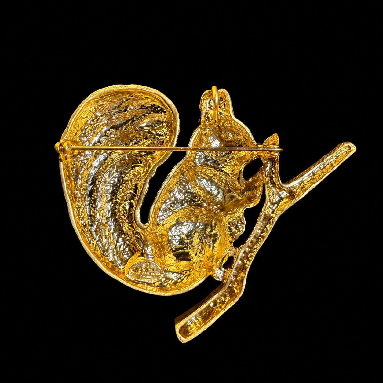 Gold-tone squirrel convertible brooch pendant back view with pin and pendant loop
