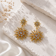 Gold-tone starburst crystal-style stud earrings clear color front view