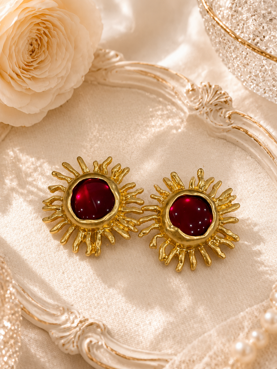 Gold-tone red sunflower glass-style stud earrings