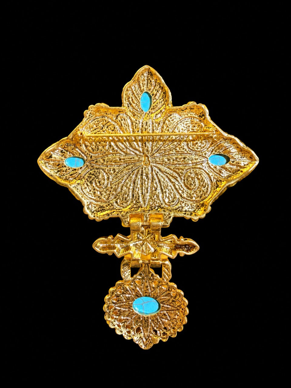 Gold-tone turquoise-style ornate statement brooch back view with pin hardware