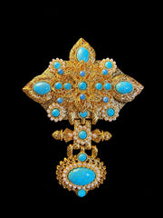 Gold-tone turquoise-style ornate statement brooch front view