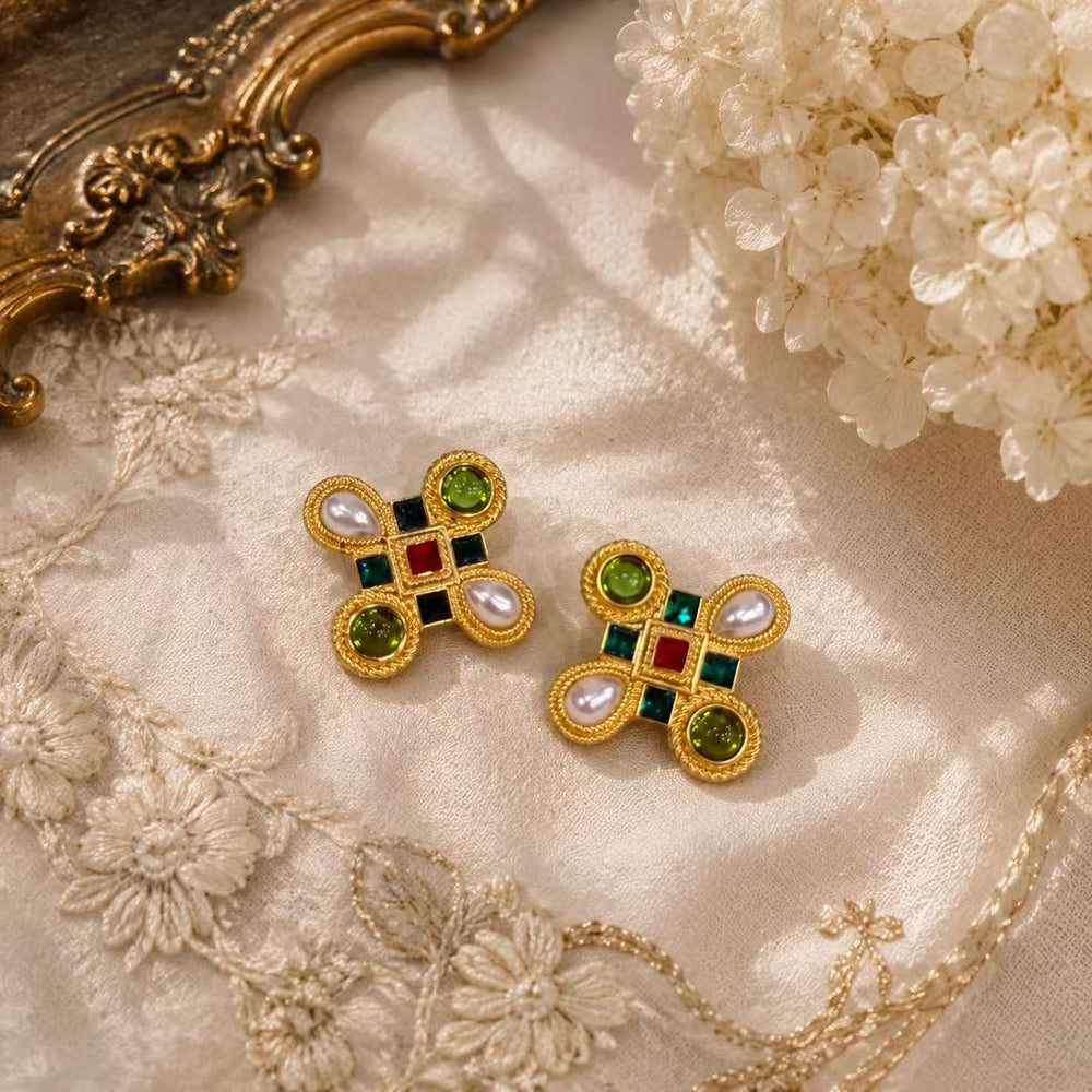 Gold-tone vintage-inspired multicolor geometric stud earrings front view