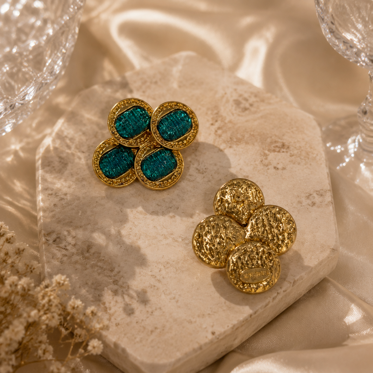 Gold-tone vintage-inspired teal blue glass-style cluster stud earrings back view