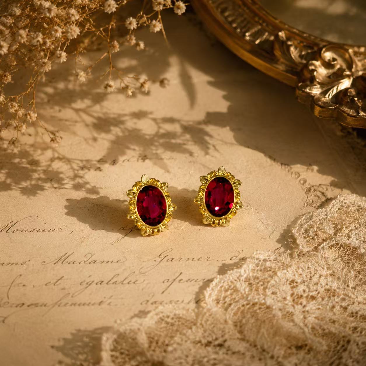 Gold-tone vivid pink oval floral stud earrings detail view