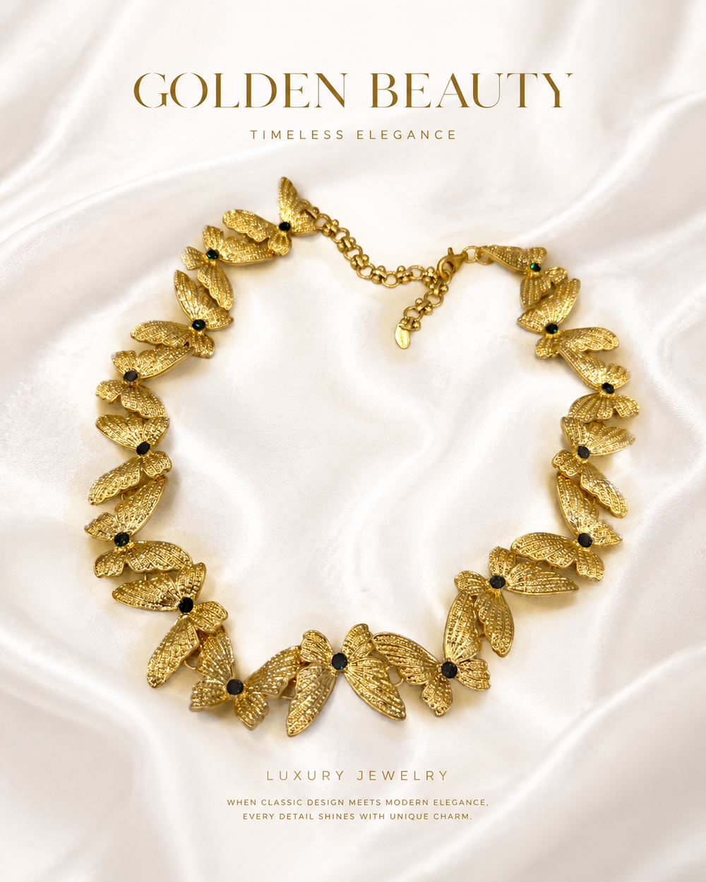 Gold-tone butterfly necklace with green stone-style accents