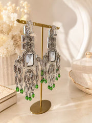 Back view of green and clear crystal-style chandelier clip-on earrings with clip closures