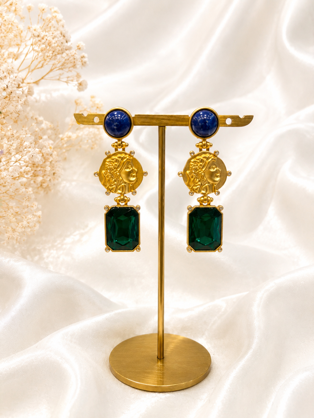 Gold-tone green rhinestone-style coin drop stud earrings display view