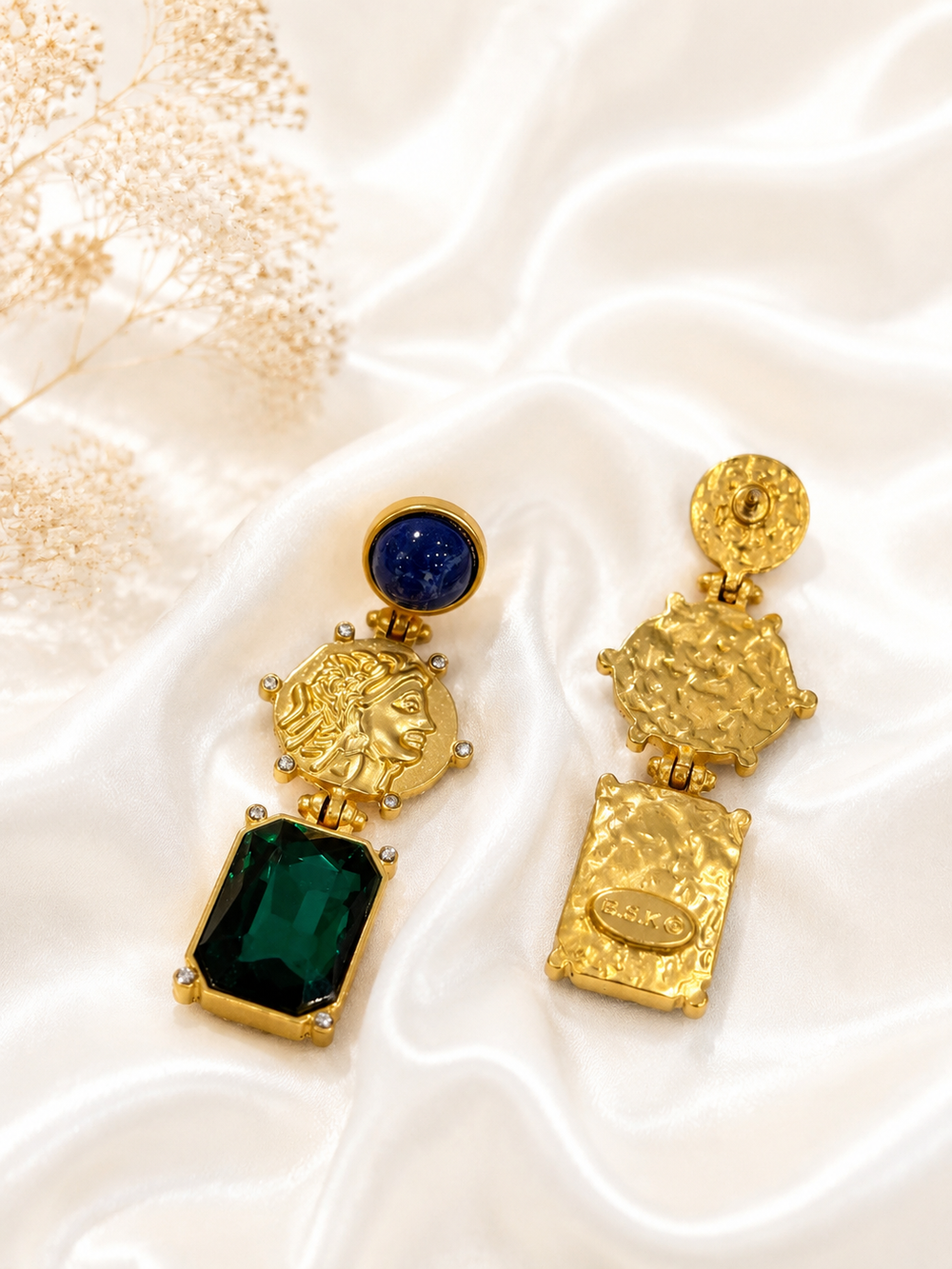 Gold-tone green rhinestone-style coin drop stud earrings front and back view