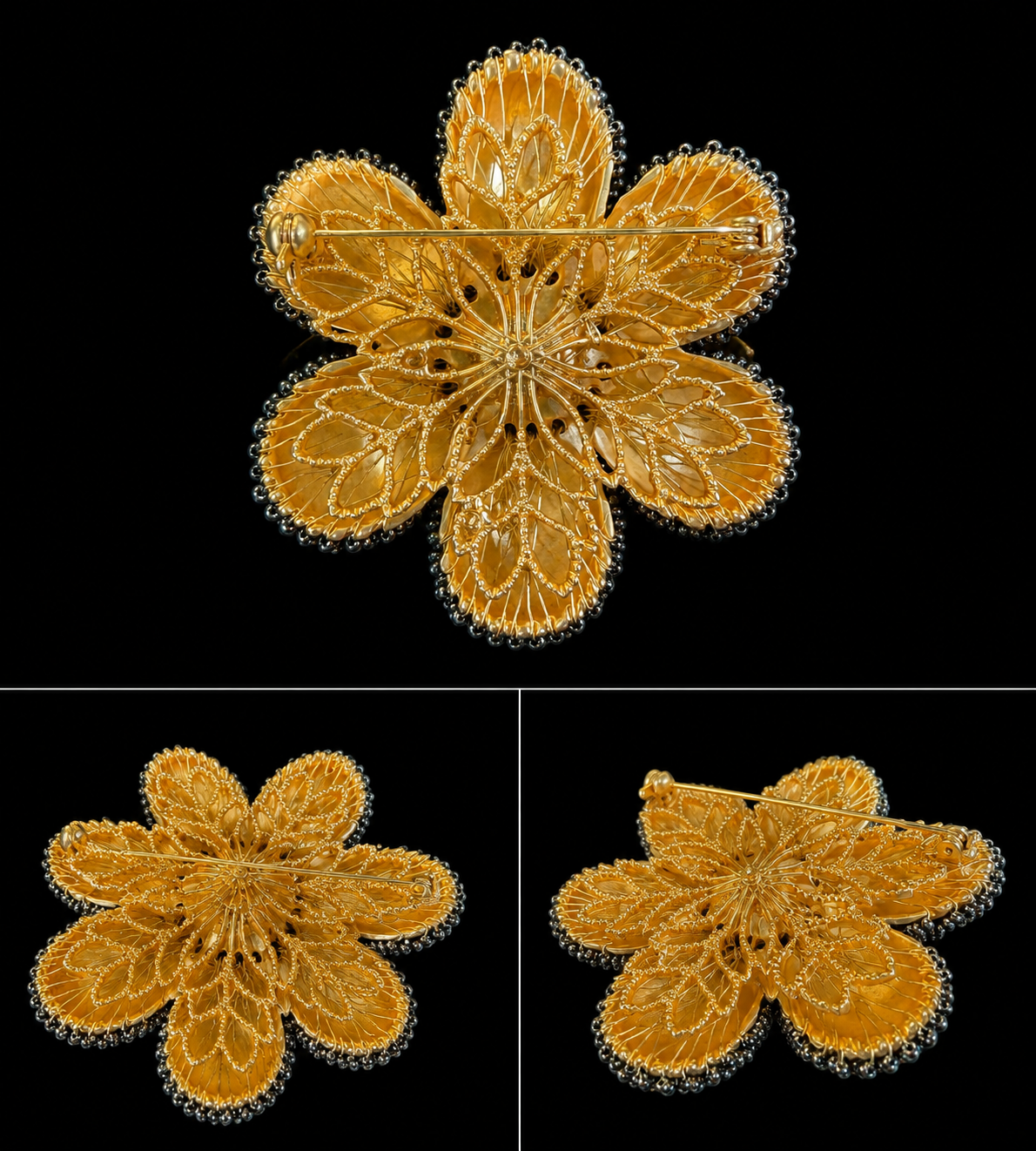 Handcrafted gold-tone yellow flower statement brooch back view with pin closure