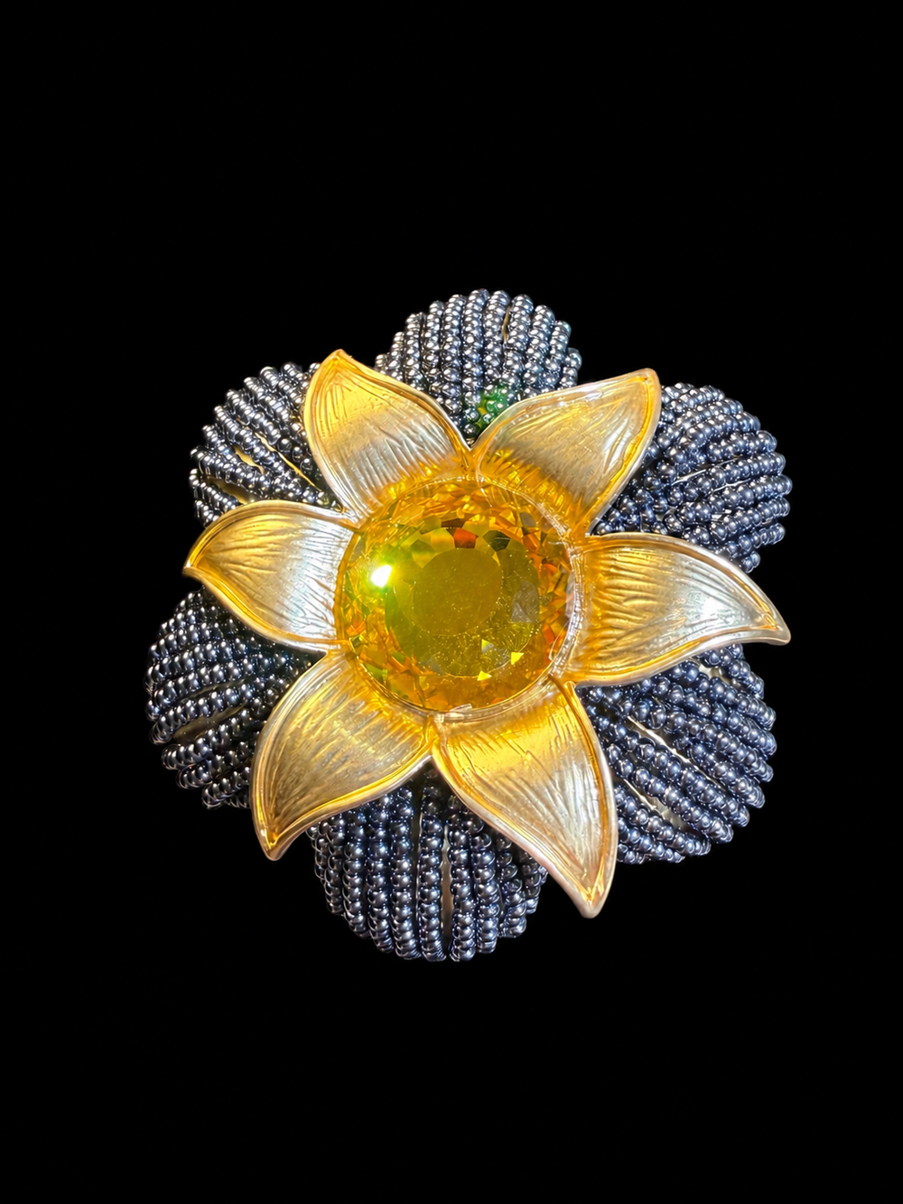 Handcrafted gold-tone yellow flower statement brooch front view with beaded petals