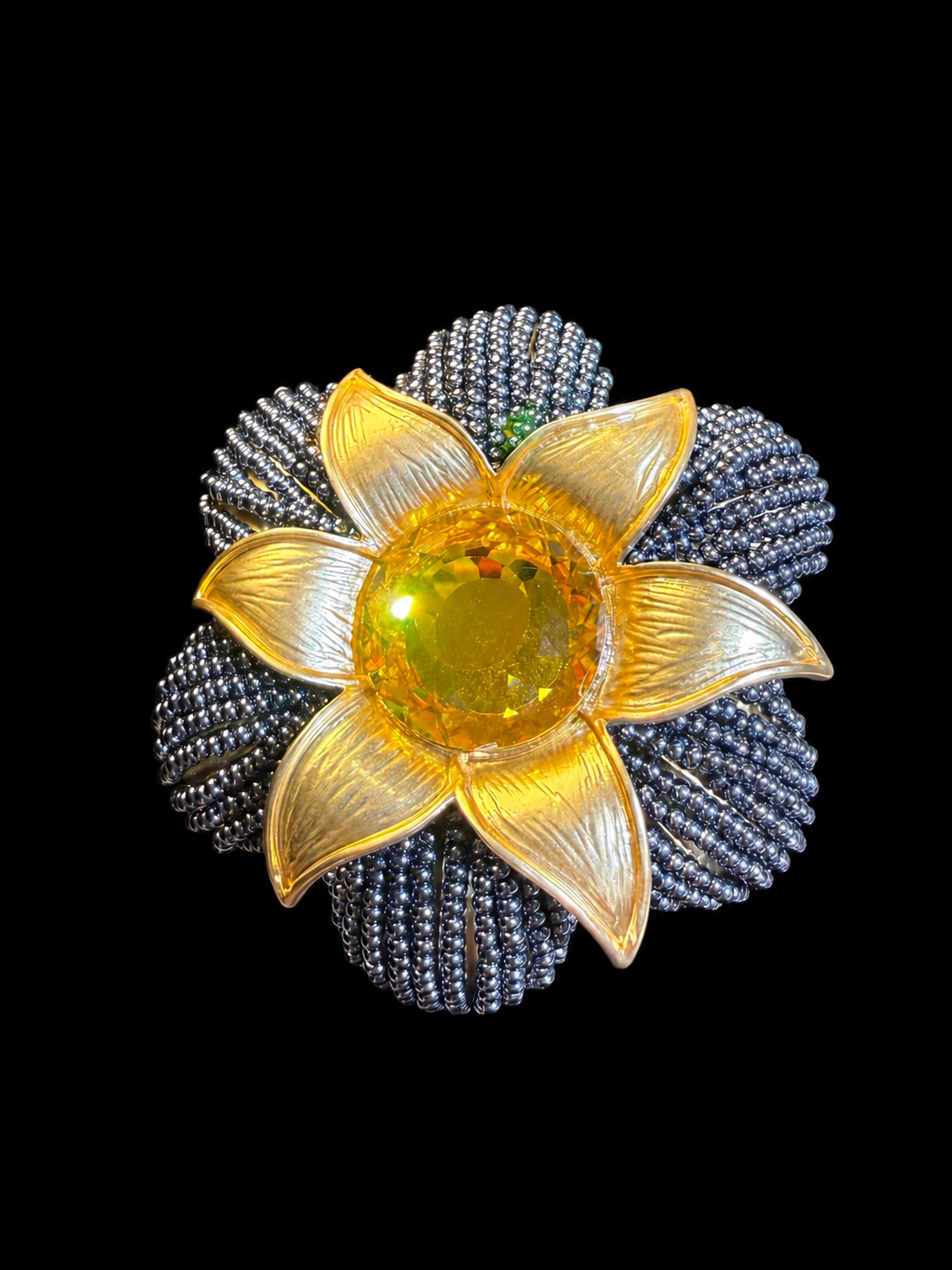 Handcrafted gold-tone yellow flower statement brooch front view with beaded petals