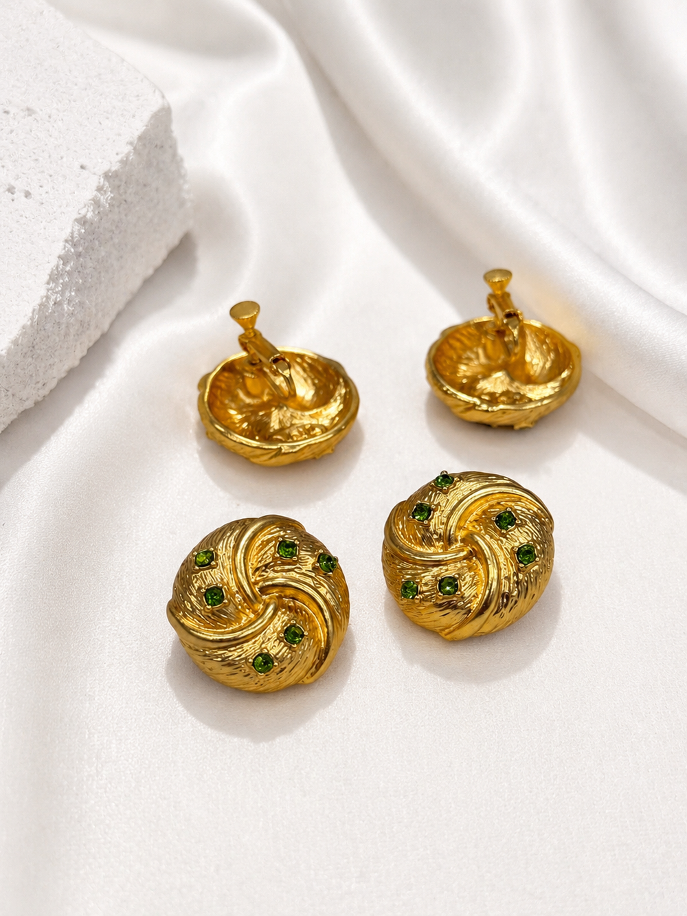 Gold-tone light green crystal-style earrings back and front view