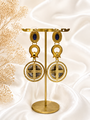 Gold-tone long coin-style blue stone drop earrings back view