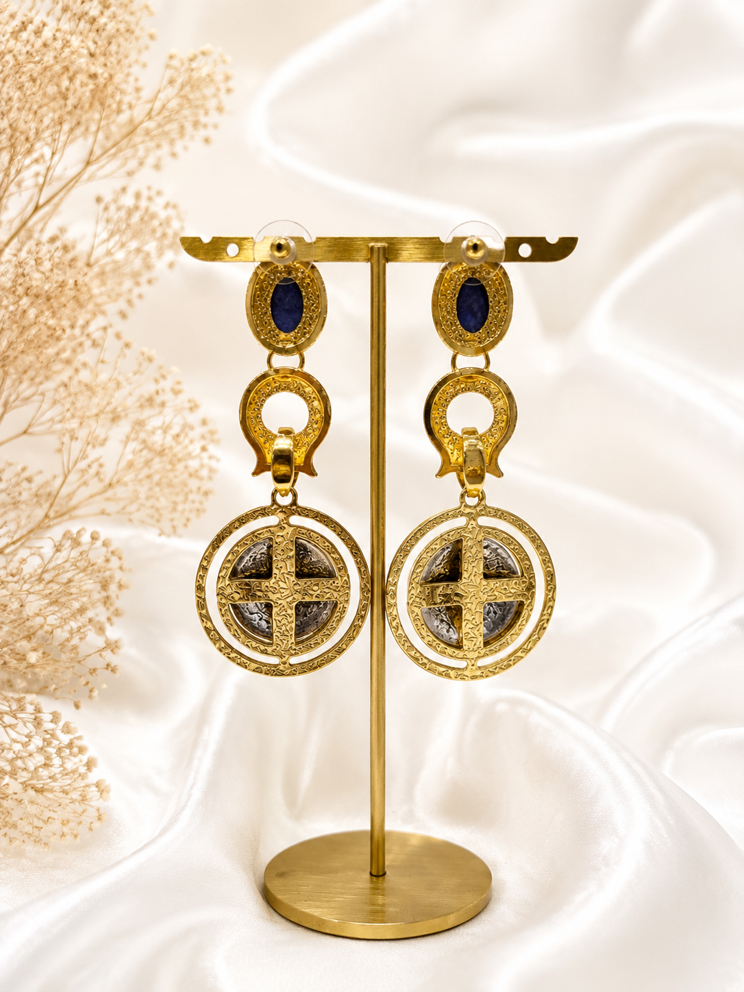 Gold-tone long coin-style blue stone drop earrings back view