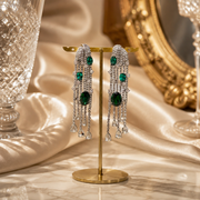 Silver-tone deep green crystal-style evening drop stud earrings display view