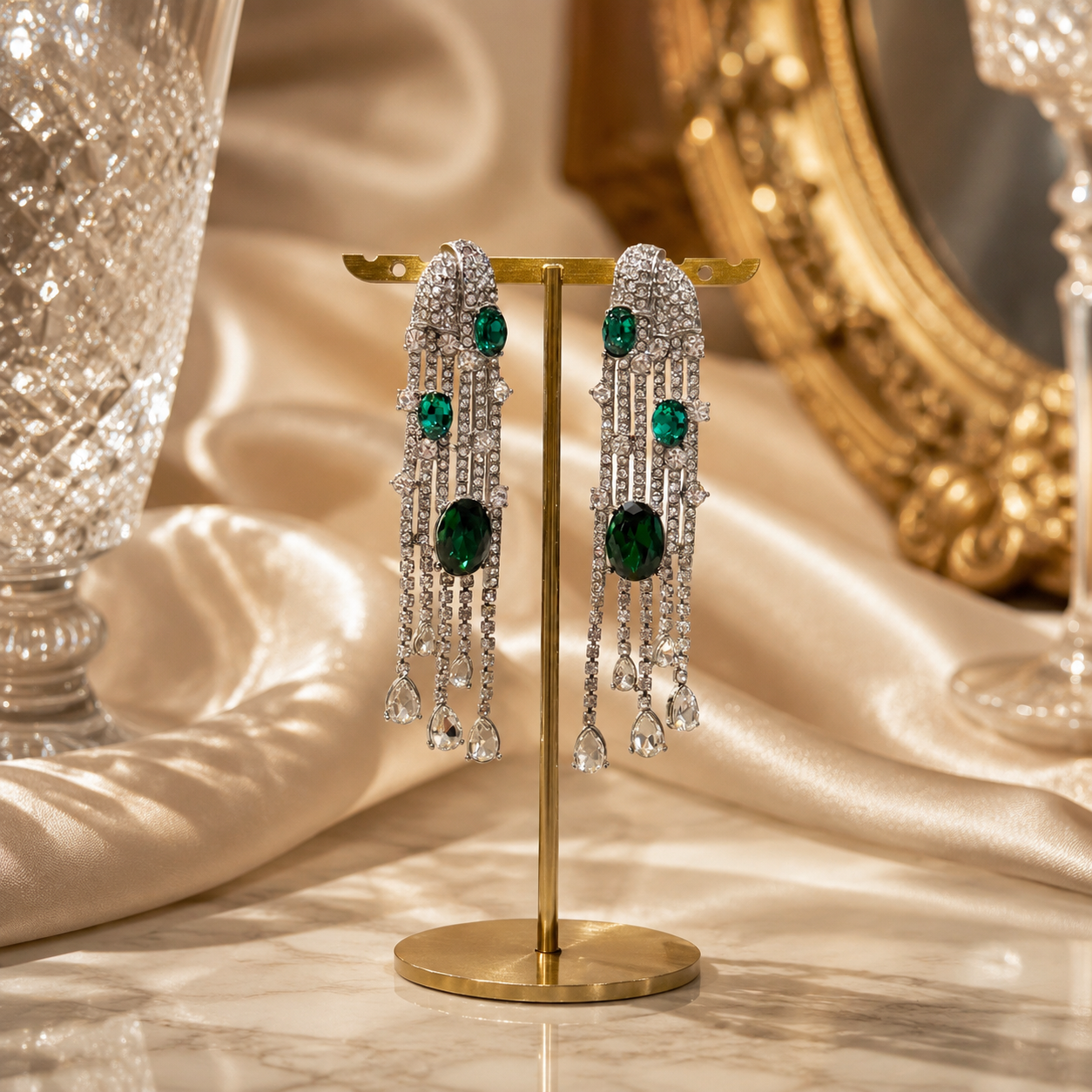 Silver-tone deep green crystal-style-style evening drop stud earrings display view