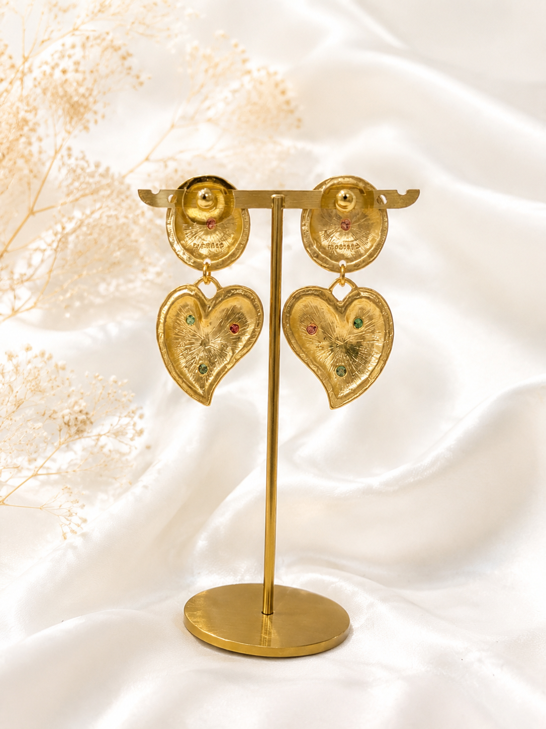 Gold-tone multicolor heart drop stud earrings back view