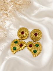 Gold-tone multicolor heart drop stud earrings close-up view