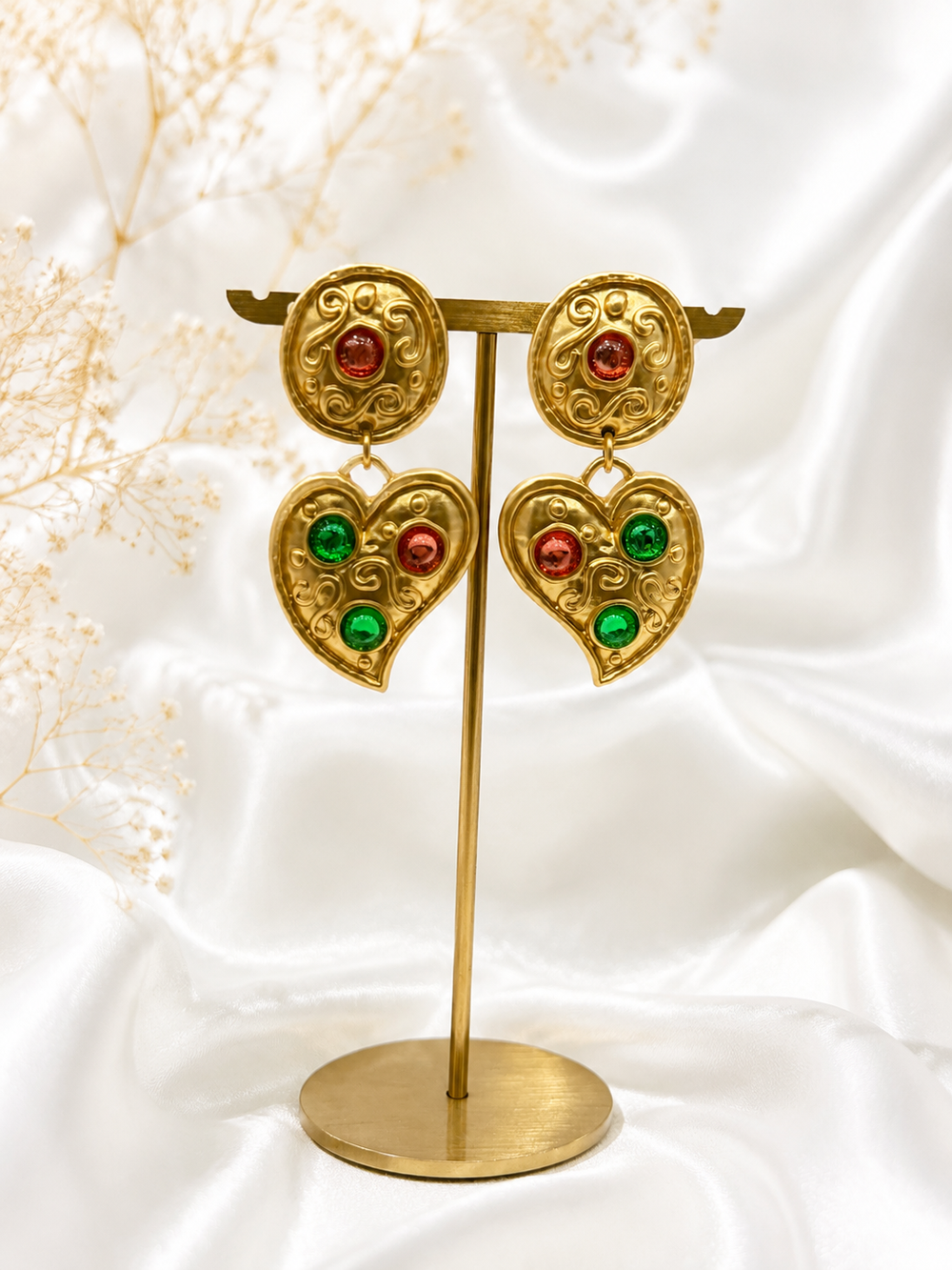 Gold-tone multicolor heart drop stud earrings front display view