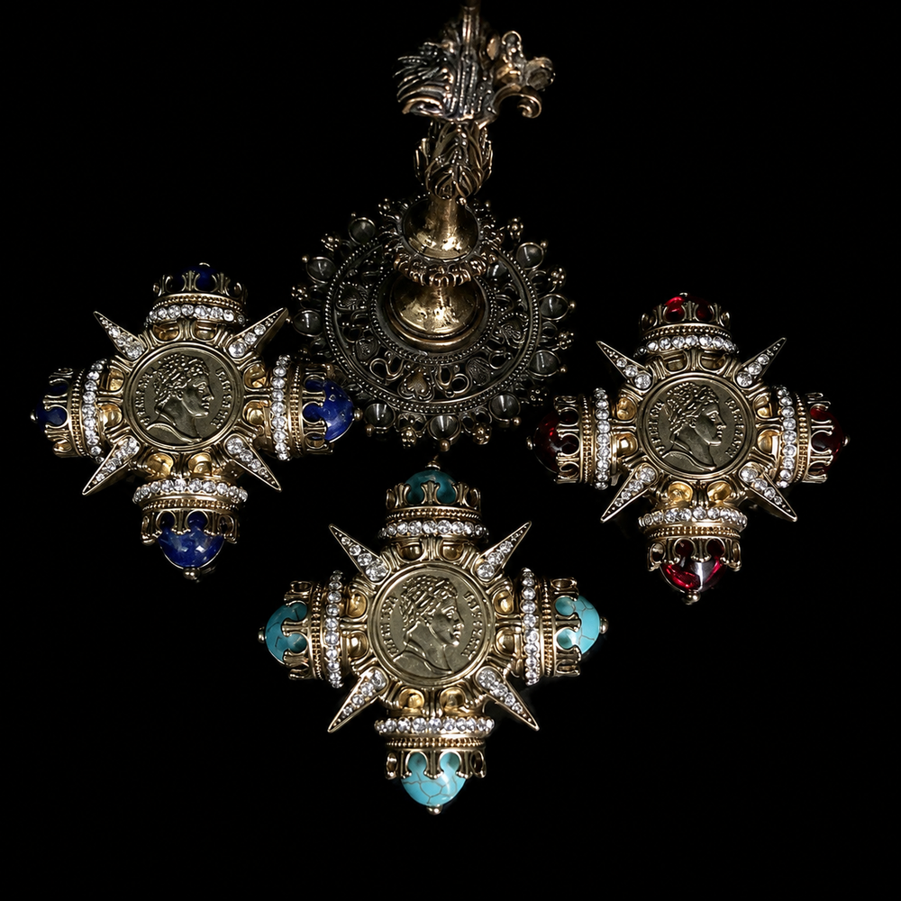 Ornate coin-inspired brooch pendants in three color styles, group view