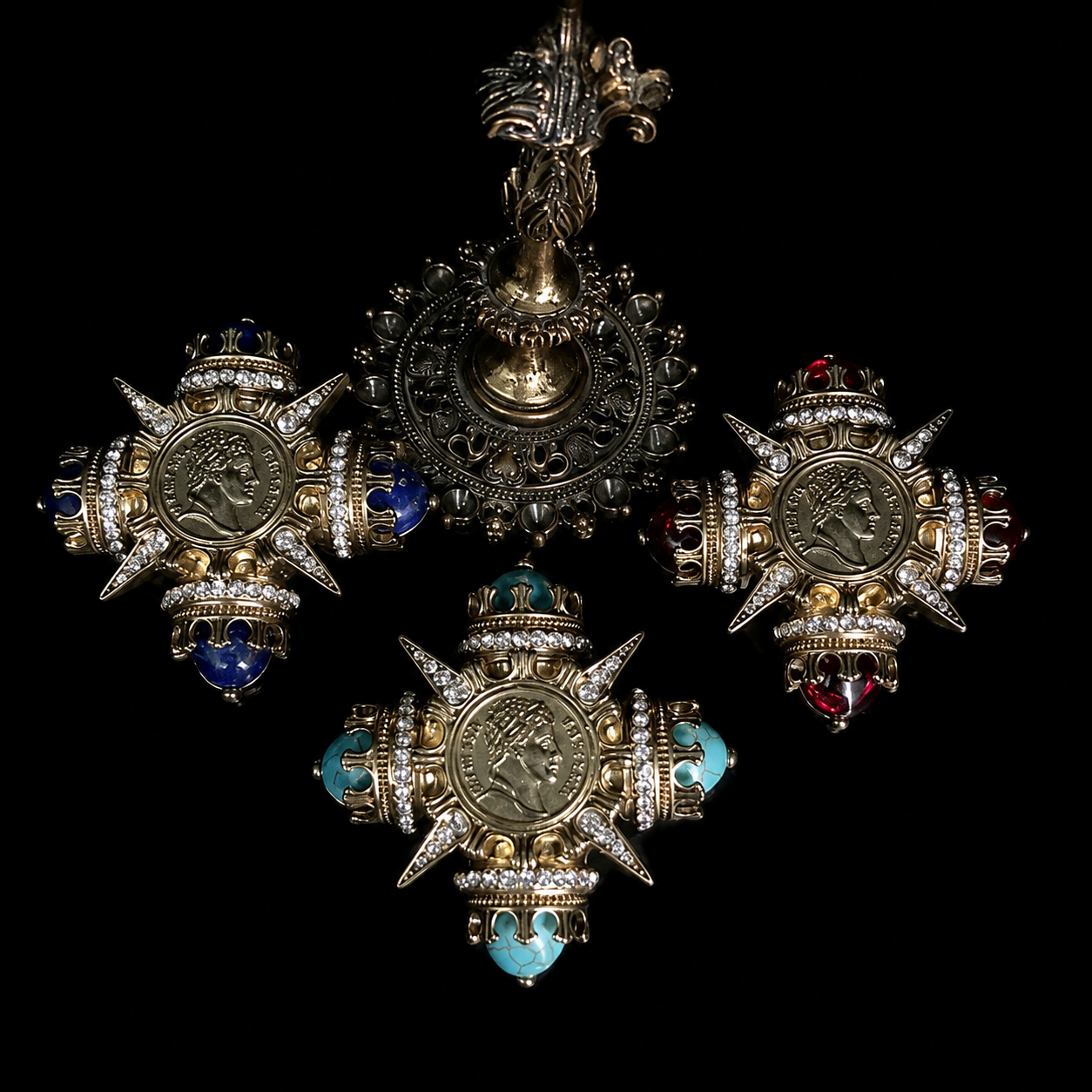 Ornate coin-inspired brooch pendants in three color styles, group view