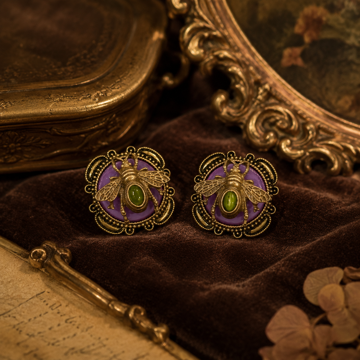 Pair of gold-tone honey bee earrings with purple stone-style backgrounds and green cabochon-style centers, front view