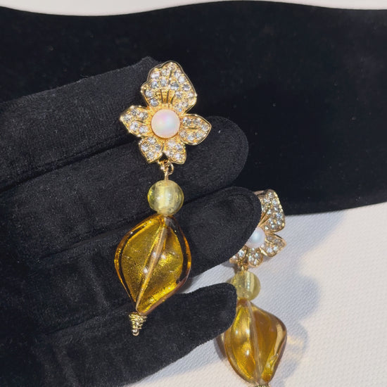 Gold-Tone Floral Clip-On Drop Earrings with Amber-Tone Accents