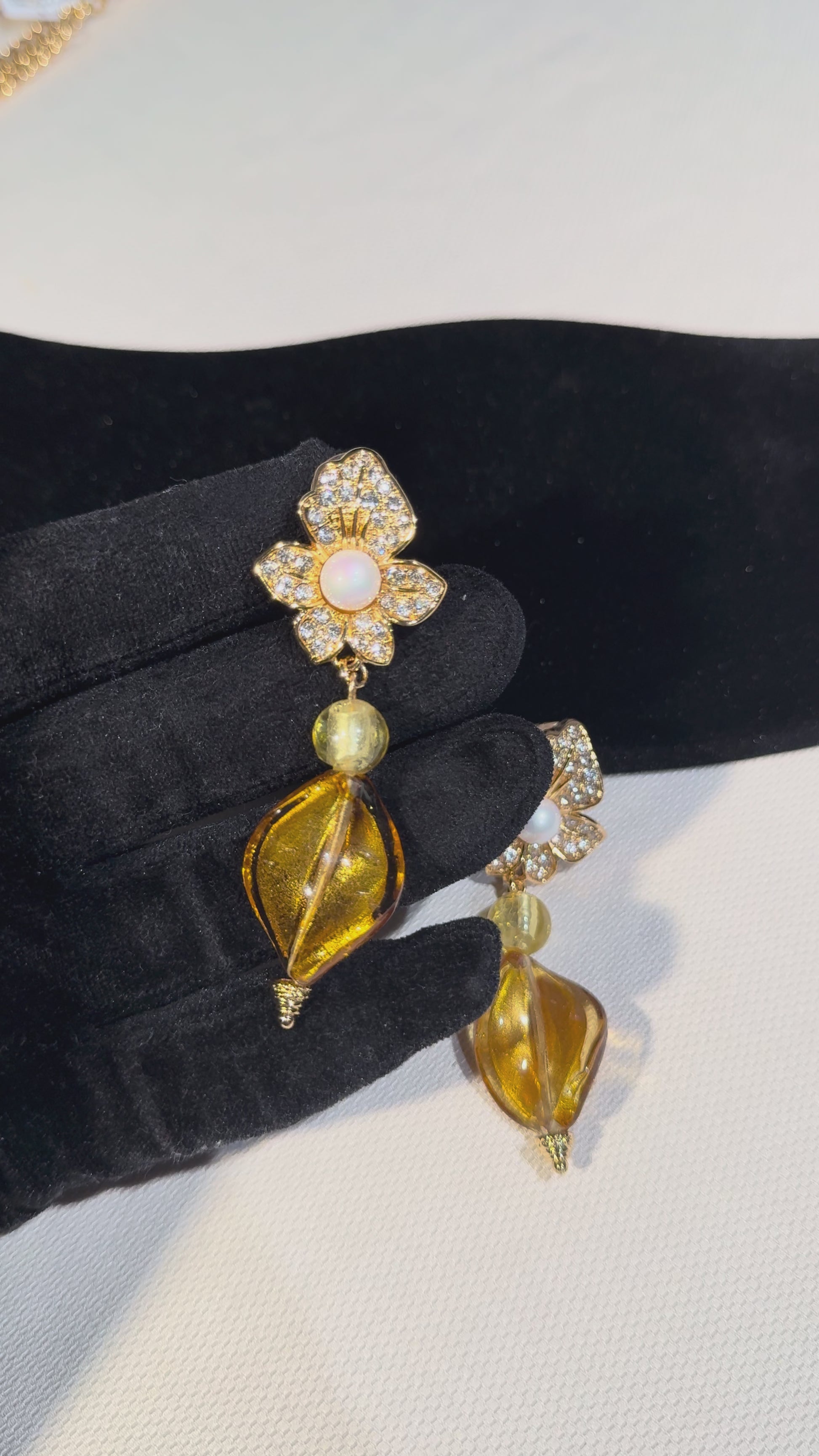 Gold-Tone Floral Clip-On Drop Earrings with Amber-Tone Accents