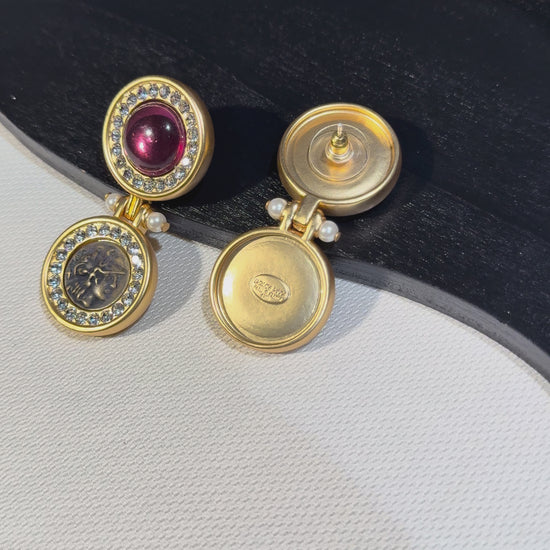 Vintage-Inspired Gold-Tone Medallion Drop Earrings with Burgundy Accents
