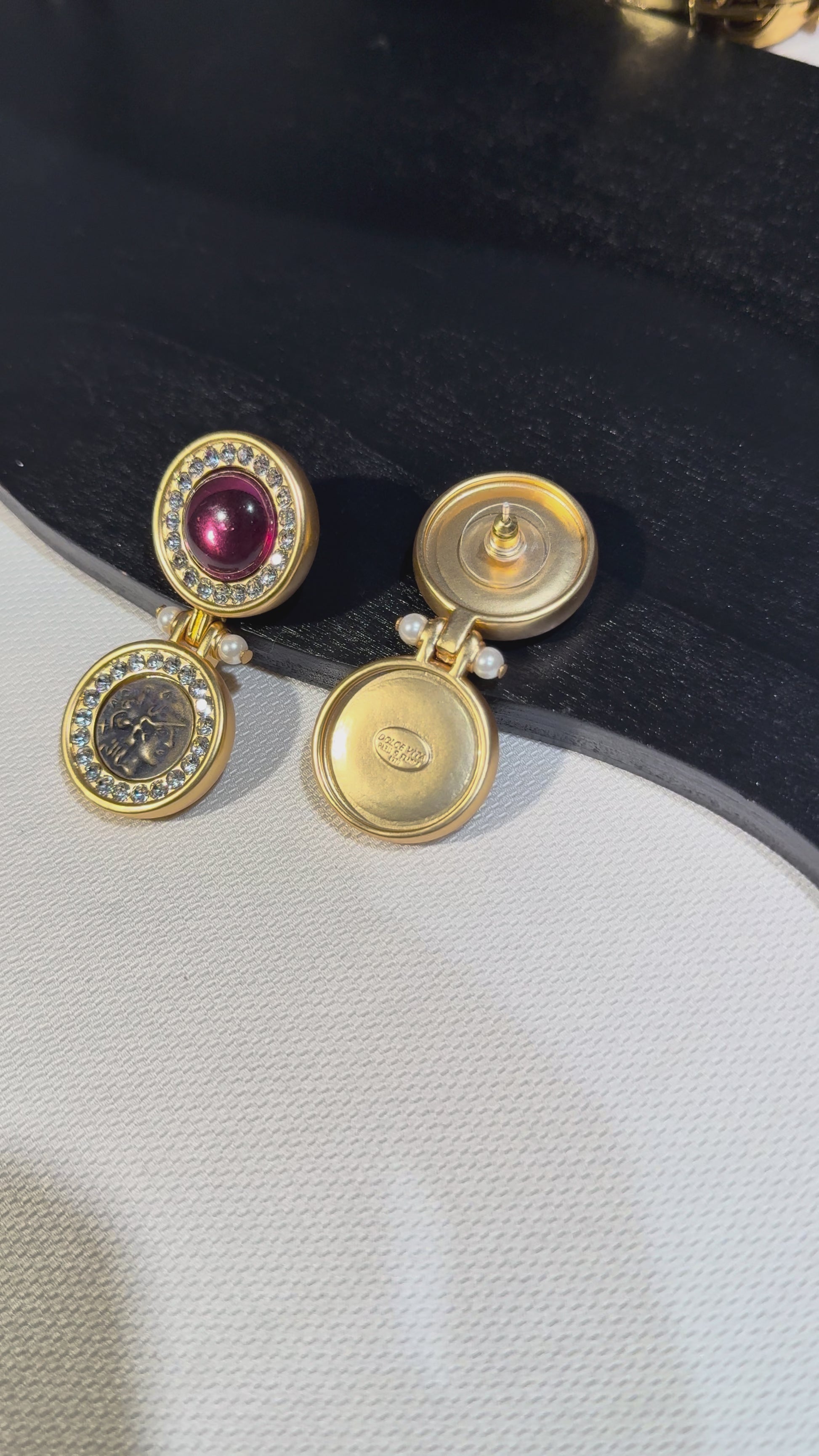 Vintage-Inspired Gold-Tone Medallion Drop Earrings with Burgundy Accents