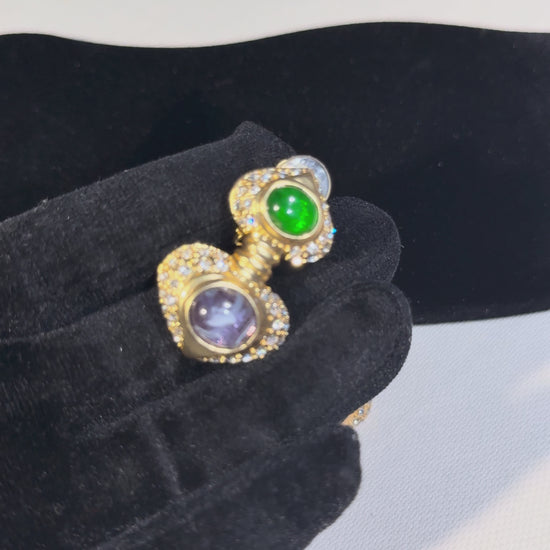 Gold-Tone Clip-On Drop Earrings with Green and Smoky Gray Accents