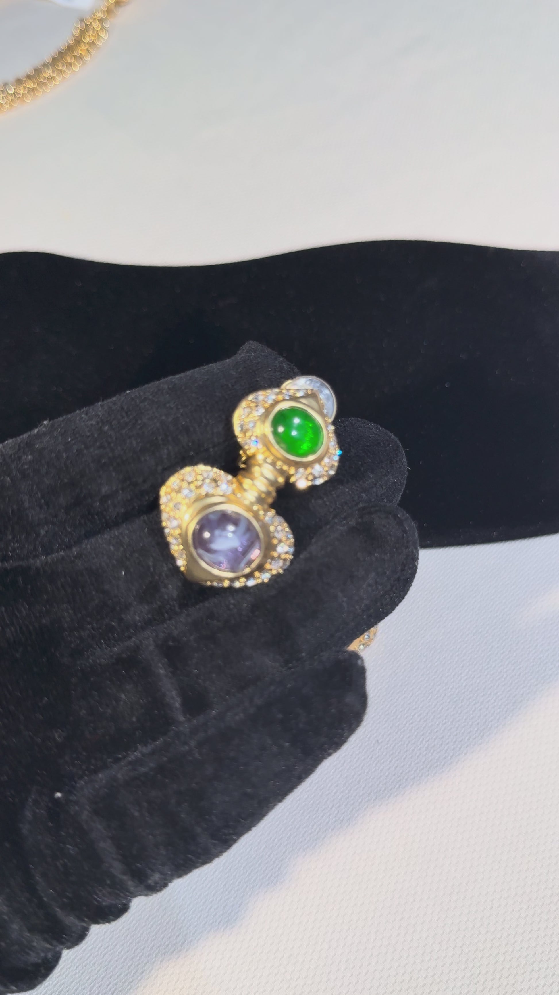 Gold-Tone Clip-On Drop Earrings with Green and Smoky Gray Accents