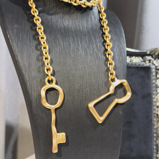 Gold-Tone Key Pendant Statement Necklace with Oversized Chain