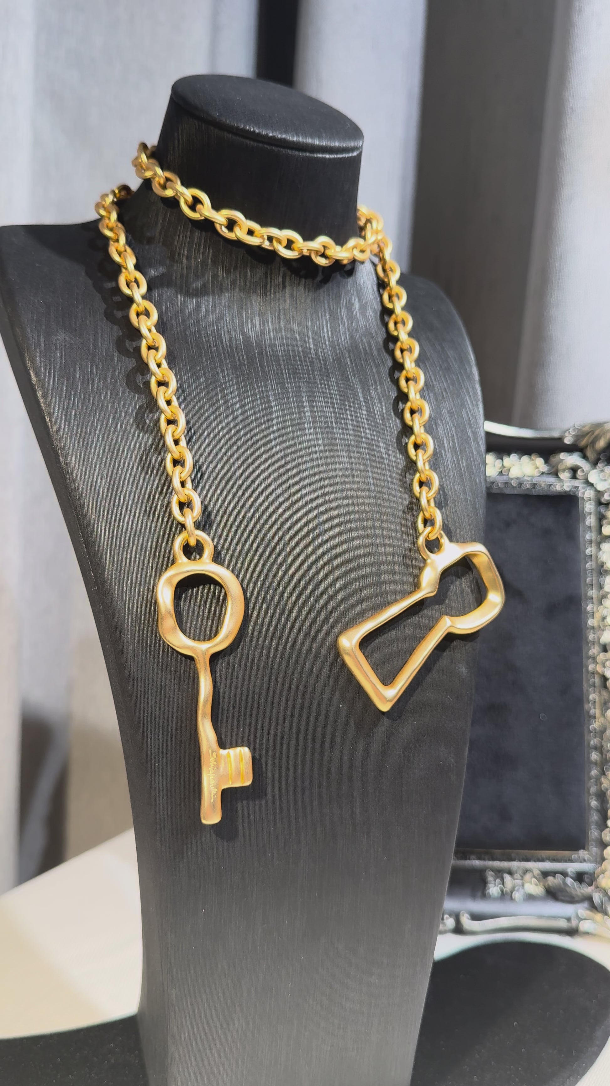 Gold-Tone Key Pendant Statement Necklace with Oversized Chain