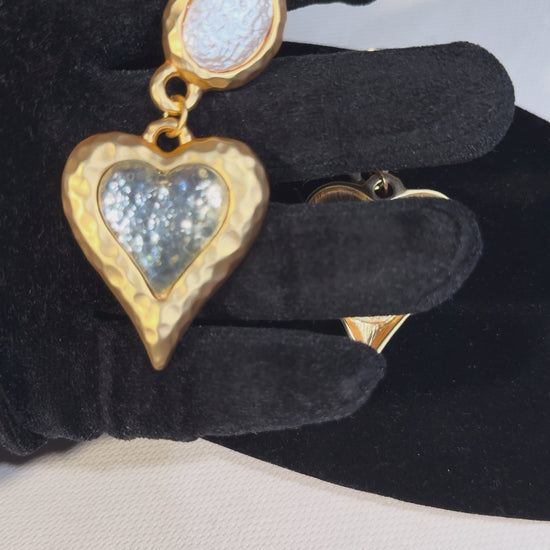 Gold-Tone Heart Clip-On Drop Earrings with Silver-Tone Centers