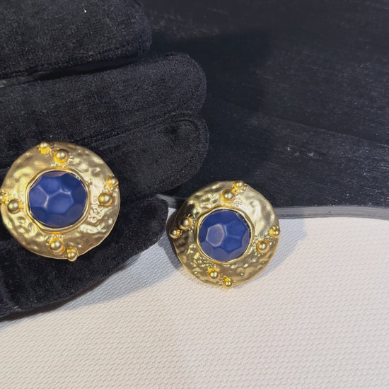 Textured Gold-Tone Clip-On Statement Earrings with Blue Stone-Style Centers