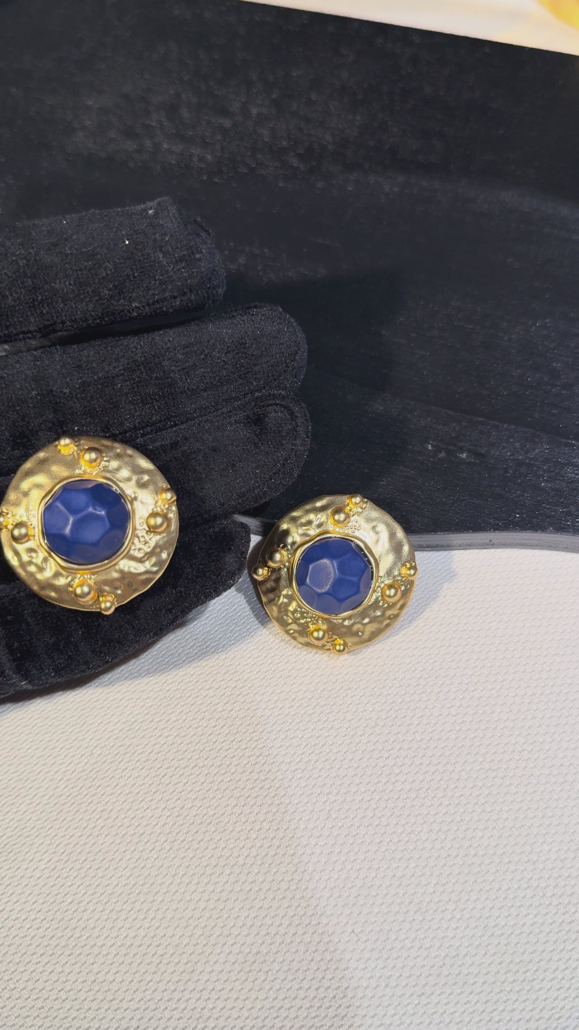 Textured Gold-Tone Clip-On Statement Earrings with Blue Stone-Style Centers