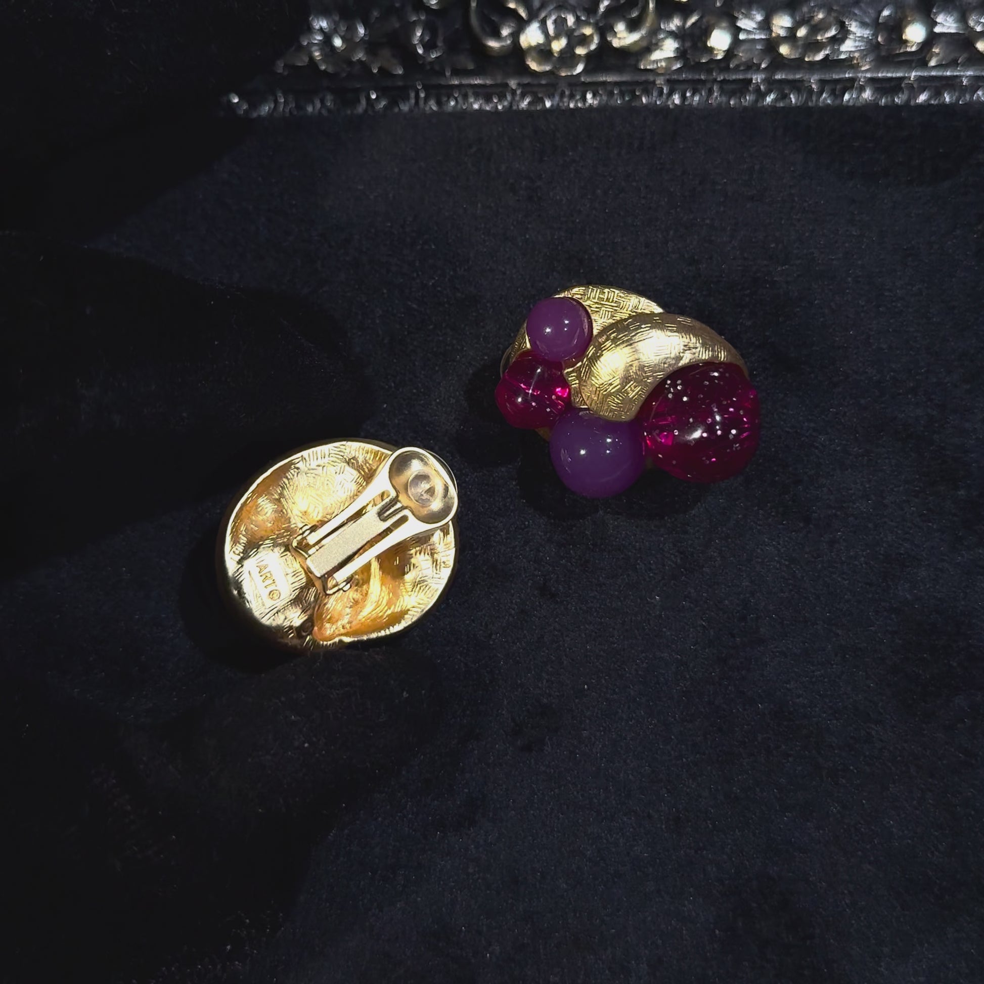 Domed Gold-Tone Clip-On Statement Earrings with Purple Accents
