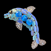 Silver-tone blue and aqua stone-style leaf statement brooch front view