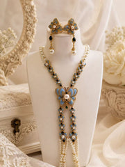 Blue butterfly enamel long necklace and stud earrings set front view