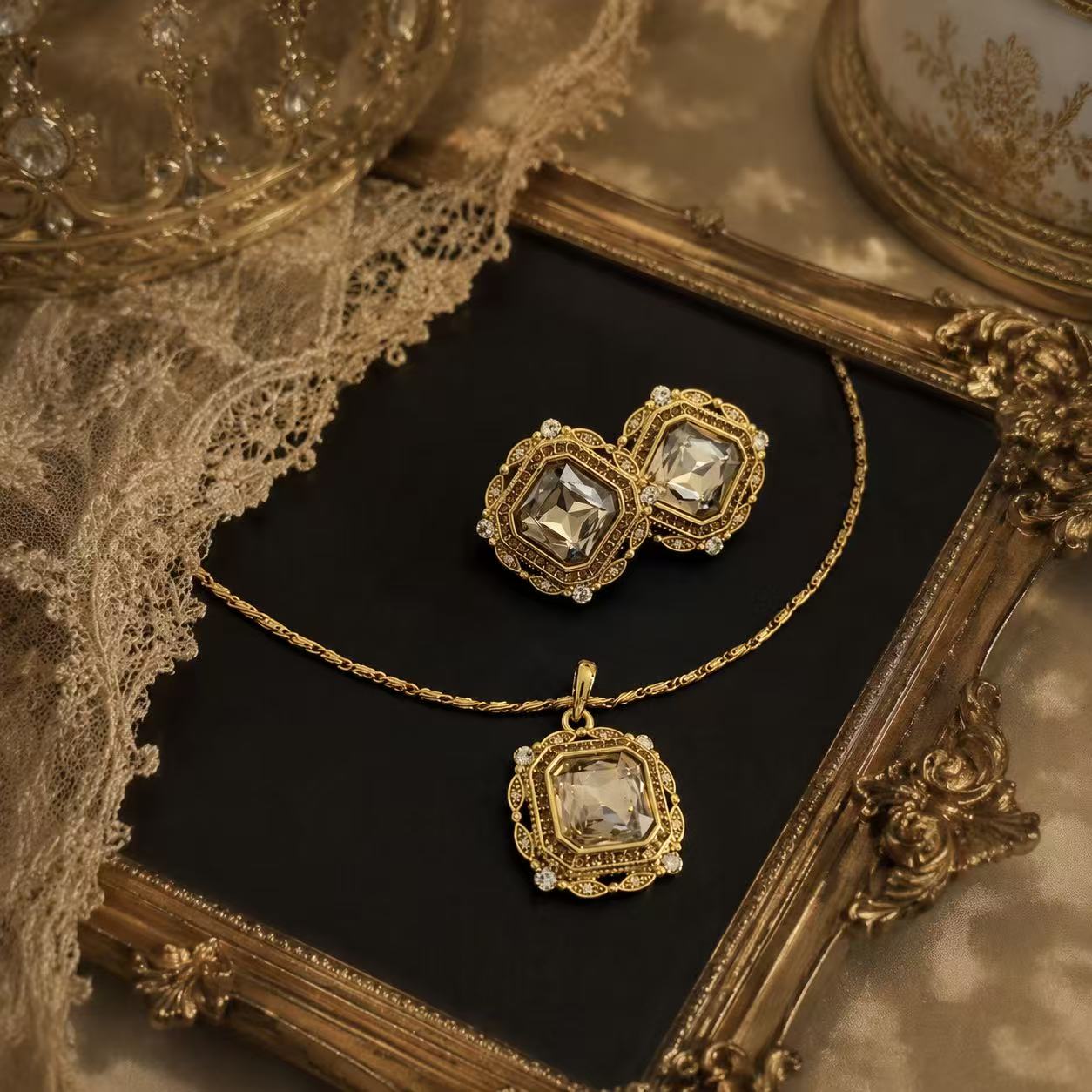 Gold-tone champagne crystal-style necklace and clip-on earrings set