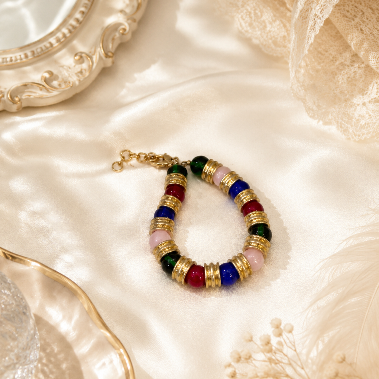 Colorful glass-style bead bracelet with gold-tone spacers