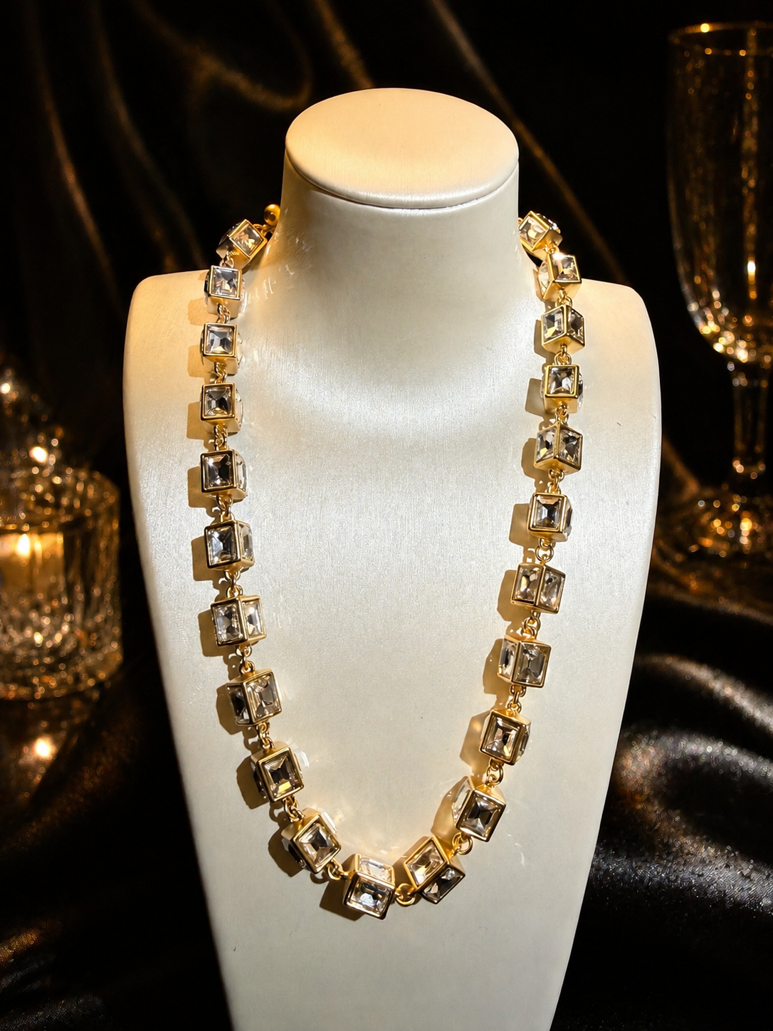 Gold-tone glass rhinestone cube link statement necklace in transparent clear front view