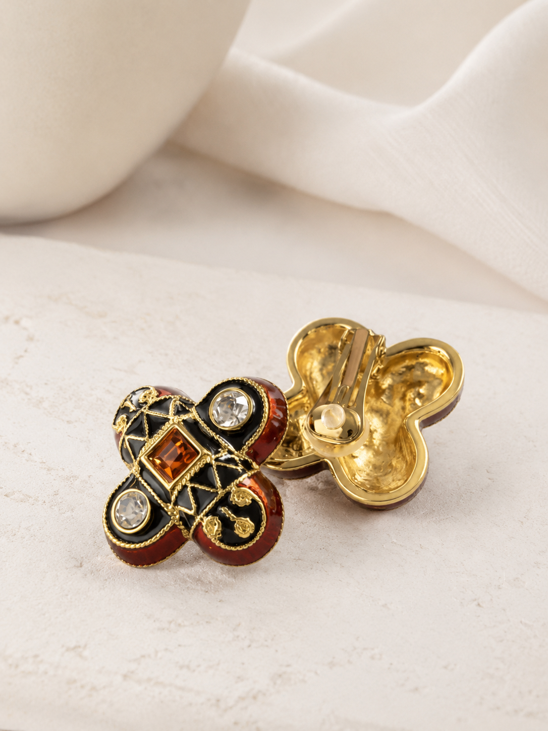 Gold-tone amber enamel-style earrings back view showing clip-on and stud styles